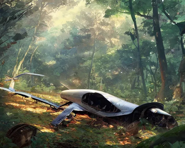 Prompt: a crashed airplane in a forest. By Makoto Shinkai, Stanley Artgerm Lau, WLOP, Rossdraws, James Jean, Andrei Riabovitchev, Marc Simonetti, krenz cushart, Sakimichan, trending on ArtStation, digital art.