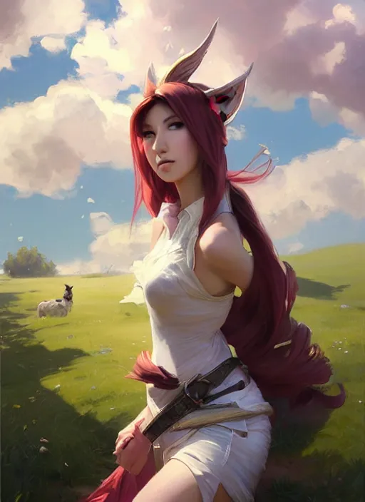 Image similar to portrait of Ahri from League of Legends after work, countryside, calm, fantasy character portrait, dynamic pose, above view, sunny day, thunder clouds in the sky, artwork by Jeremy Lipkin and Giuseppe Dangelico Pino and Michael Garmash and Rob Rey, very coherent asymmetrical artwork, sharp edges, perfect face, simple form, 100mm