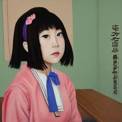 Prompt: a painting of Japanese schoolgirl, clothed, VFX