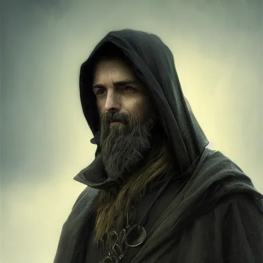 Image similar to epic portrait an hooded man with a beard and serious face, digital painting, artstation, concept art, soft light, hdri, smooth, sharp focus, illustration, fantasy, intricate, elegant, highly detailed, D&D, matte painting, in the style of Greg Rutkowski and Alphonse Mucha and artemisia, 8k, highly detailed, jurgens, rutkowski, bouguereau, pastoral, rustic, georgic, detailed concept art, illustration, colorful pastel, painting, detail, ultra detailed, digital art, 4K,