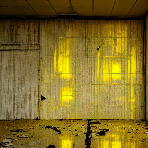 Prompt: abandoned office building, aging yellow wallpaper, flourescent lights