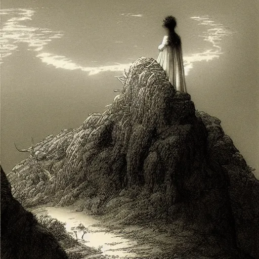 Prompt: A lonely woman, distant city, forest, cliff, illustration by Paul Gustave Doré