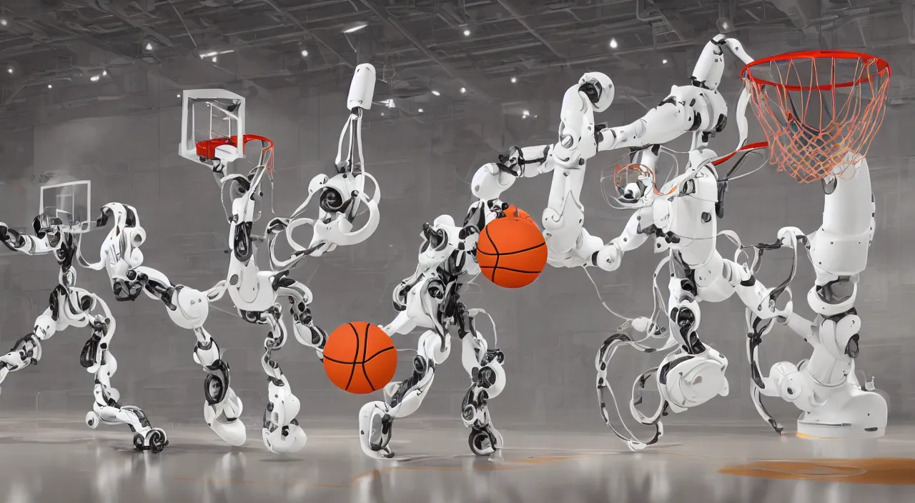 Image similar to three large white glossy kuka industrial robot arms playing basketball in a gym, global illumination, artstation, fantasy