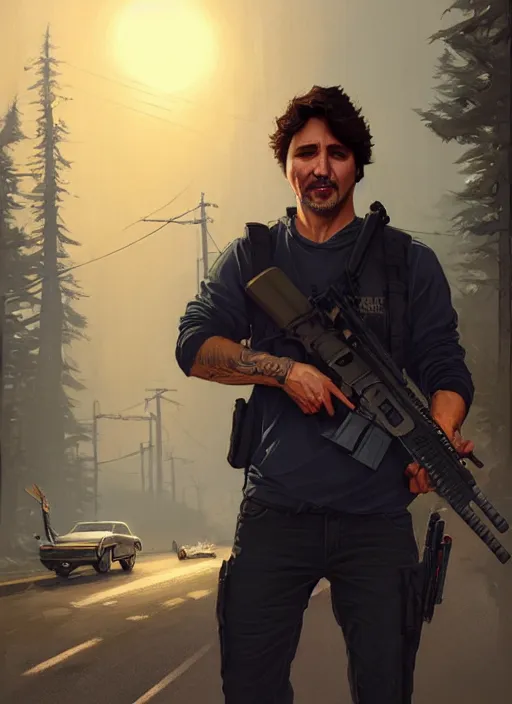 Prompt: highly detailed portrait justin trudeau in street gang attire holding ar - 1 5! in gta v stephen bliss unreal engine fantasy art by greg rutkowski loish rhads ferdinand knab makoto shinkai lois van baarle ilya kuvshinov rossdraws tom bagshaw global illumination radiant light detailed intricate environment