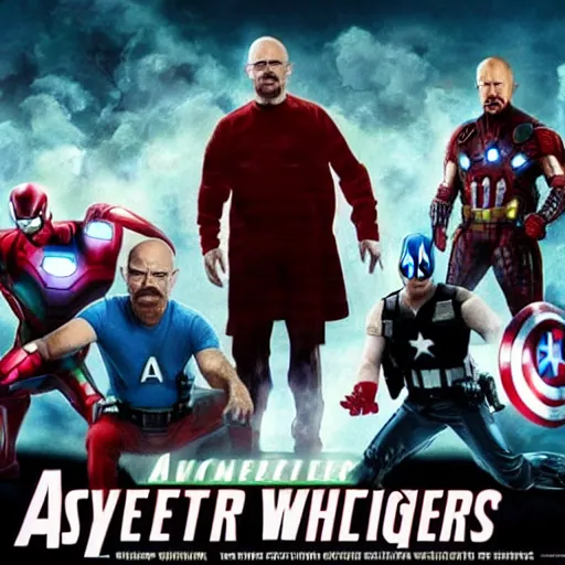 Prompt: walter white joins the avengers, promo poster, movie poster