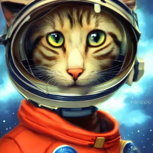 Image similar to head and shoulders masterpiece portrait of a cute adorable cat wearing a spacesuit, surreal background, digital art by krenz cushart, trending on artstation, cgsociety,