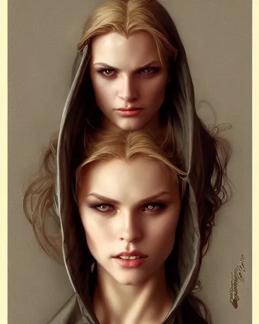 Prompt: portrait of a beautiful young blonde vampire, dark, piercing eyes, gentle expression, elegant clothing, photorealistic, highly detailed, artstation, smooth, sharp focus, art by michael whelan, artgerm, greg rutkowski and alphonse mucha