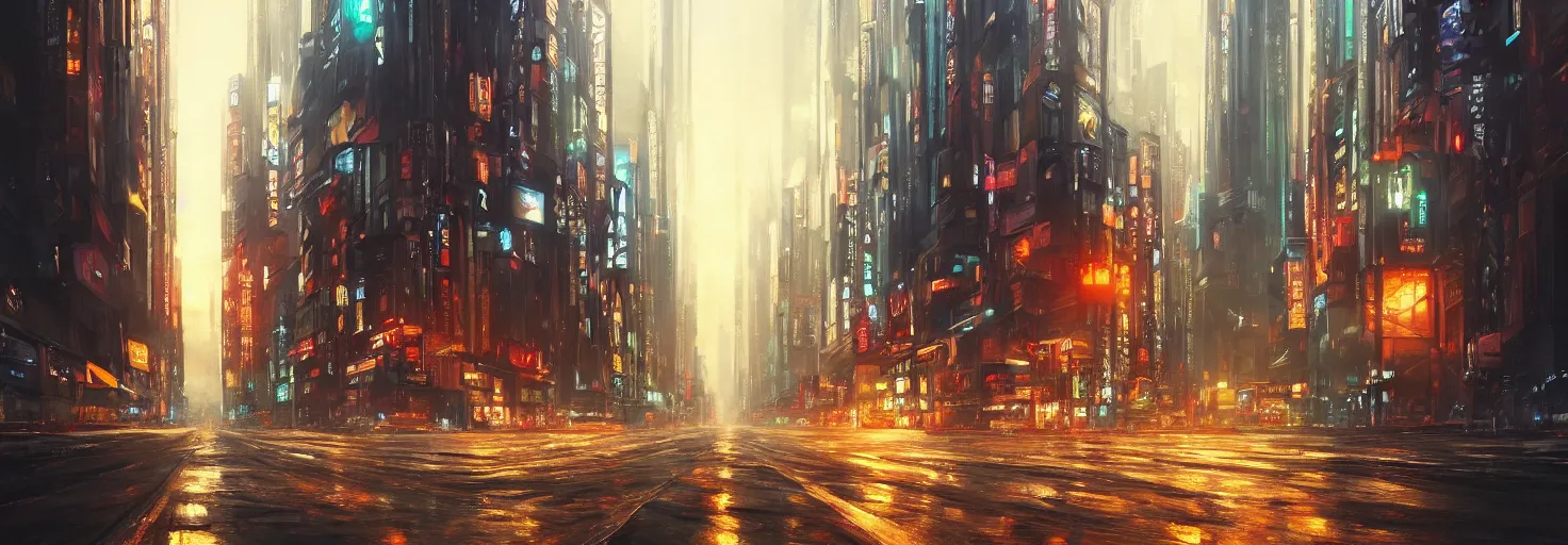 Image similar to an epic painting of the city street road, oil on canvas, cold colors, perfect composition, golden ratio, beautiful detailed, photorealistic, digital painting, artstation, concept art, smooth, sharp focus, illustration, cyberpunk background, artstation trending, octane render, unreal engine