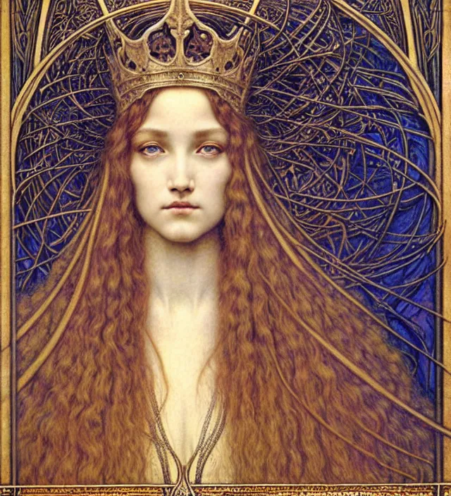 Image similar to detailed realistic beautiful young medieval queen face portrait by jean delville, gustave dore and marco mazzoni, art nouveau, symbolist, visionary, gothic, pre - raphaelite. horizontal symmetry