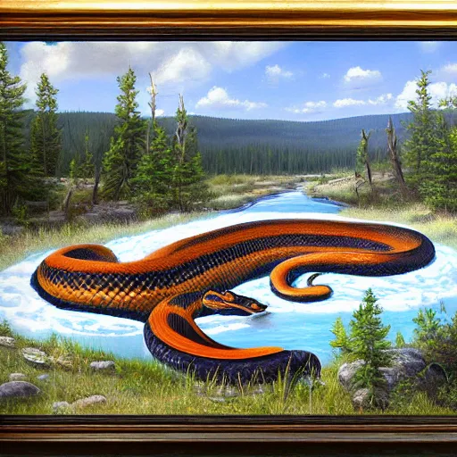 Image similar to oversized snake in a hotspring at yellowstone national park, highly detailed oil painting, featured on artstation