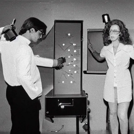 Prompt: Scientists testing out a new teleportation device, 1980 archival photo