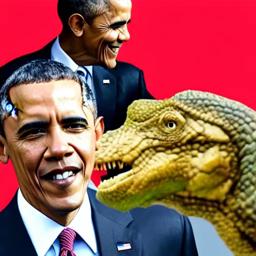 Prompt: barack obama riding a dinosaur