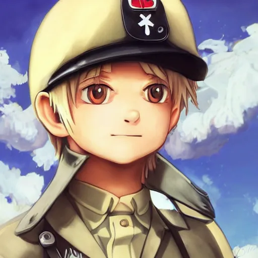 Image similar to beautiful little blonde boy in nazi uniform. made in abyss art style, inspired by kris from deltarrune, cute detailed artwork, anatomically correct, soft details, ilya kuvshinov, reflection, perfect composition, portrait, illumination, digital art, detailed anime soft face, symmetrical face, western comic, illustration, realistic, red