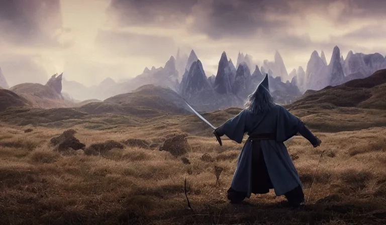Prompt: the wizard gandalf casting a spell in a battle scene, mountains in the distance, landscape, epic, in the style of akira kurosawa, cinematic, dramatic lighting, film grain, photographic