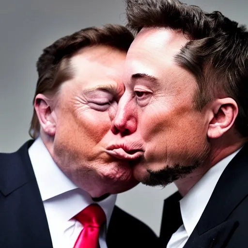 Image similar to a detailed photograph of elon musk kissing donald trump