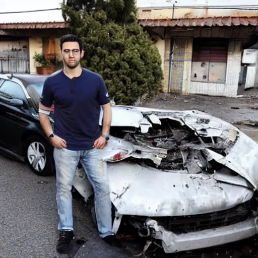 Image similar to xavi hernandez next to a crashed car, in vallecas