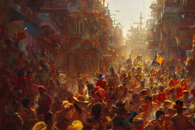 Image similar to carnaval de barranquilla colombia, thorough details, intricate, artstation, atmosphere, highly detailed, craig mullins, james jean, digital painting, deviantart, cinematic lighting, 4 k