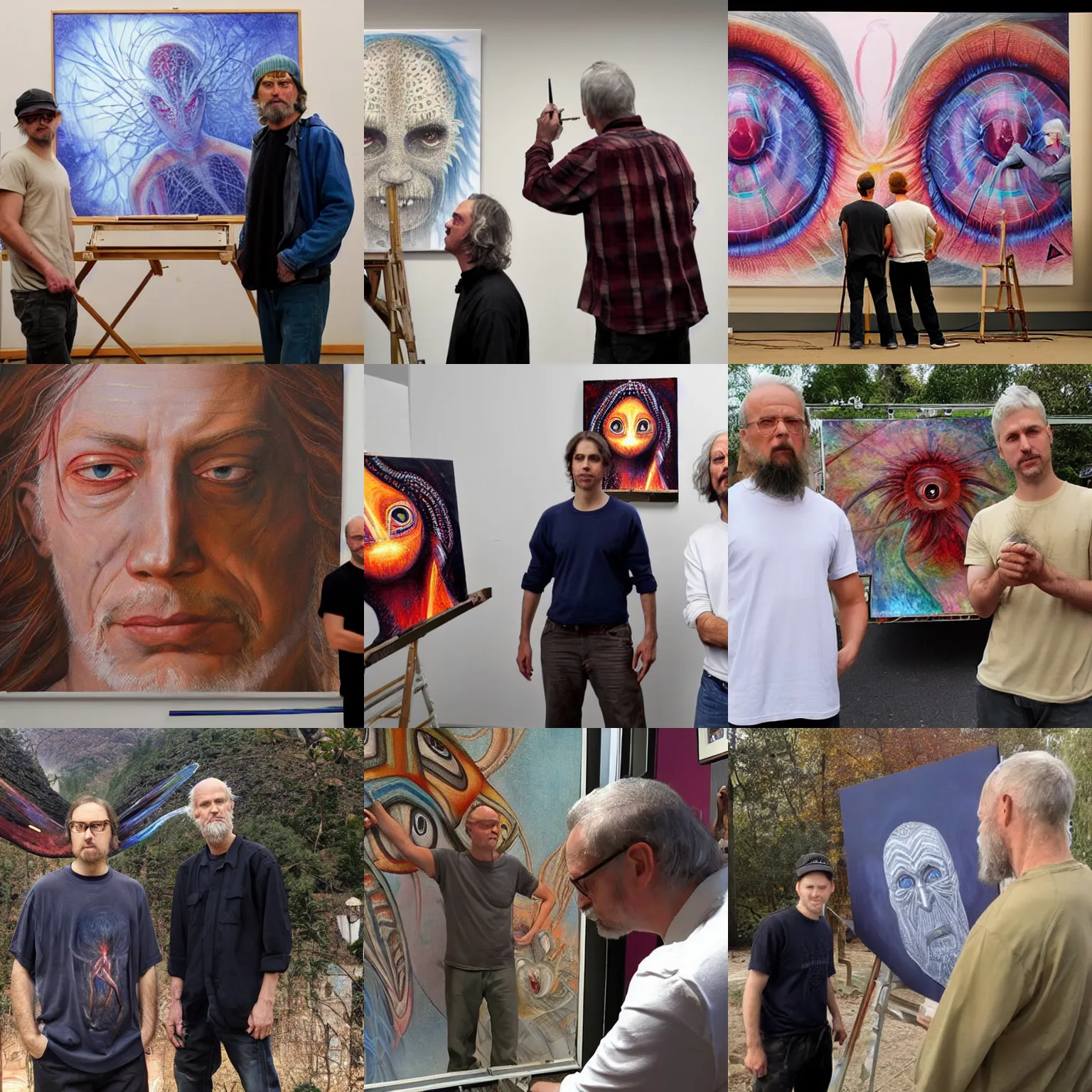 Image similar to painters Alex Grey together with painter Greg Rutkowski looking in the camera at the people who stole their job