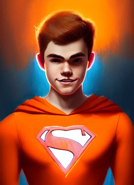 Image similar to kind teenage archie andrews wearing an orange superhero costume, superhero costume with heart emblem, cape, intricate, elegant, glowing lights, highly detailed, digital painting, artstation, sharp focus, illustration, art by wlop, mars ravelo and greg rutkowski