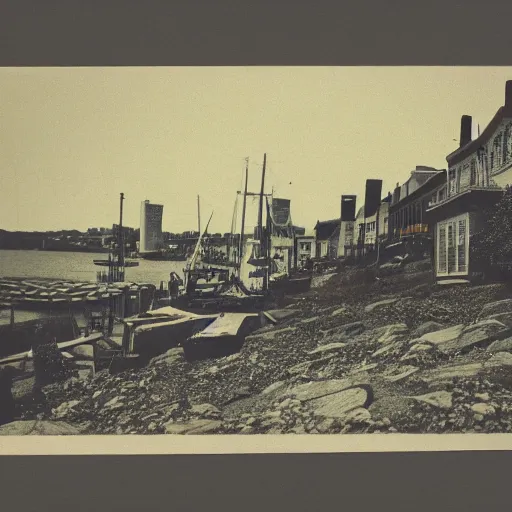 Image similar to vintage photo landscape of portland maine, intricate, Close-up shot, low angle shot, trending on artstation