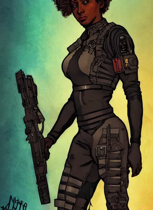 Prompt: misty knight. cyberpunk assassin in military vest and jumpsuit. portrait by ashley wood and alphonse mucha and laurie greasley and josan gonzalez. illustration, pop art, cinematic. realistic proportions. moody industrial setting. artstationhq. smooth. sharp focus.