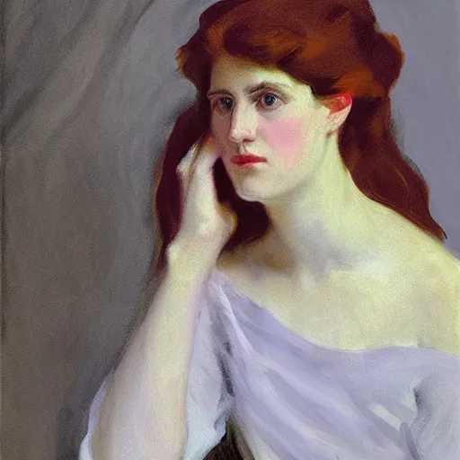 Image similar to portrait of a young woman, raphaelite, in the style of john singer sargent