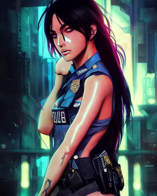 Image similar to anime key visual of megan fox as a police officer, neon, cyberpunk, futuristic, stunning, highly detailed, digital painting, artstation, smooth, soft focus, illustration, art by artgerm and greg rutkowski and alphonse mucha