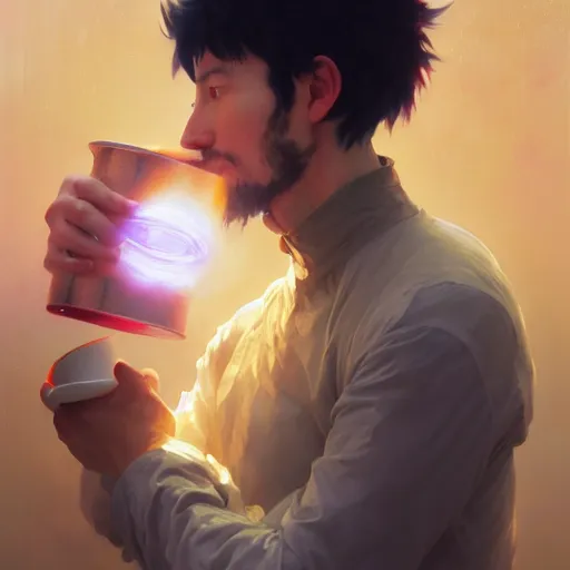 Image similar to A man drinking a cup of cosmic energy bright light, illustration by Ruan Jia and Mandy Jurgens and William-Adolphe Bouguereau, Artgerm, 4k, digital art, surreal, anime style, space dandy style, highly detailed, godsend, artstation, digital painting, concept art, smooth, sharp focus, illustration by Ruan Jia and Mandy Jurgens and William-Adolphe Bouguereau, Artgerm