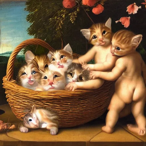 Prompt: Renaissance painting of a basket of kittens