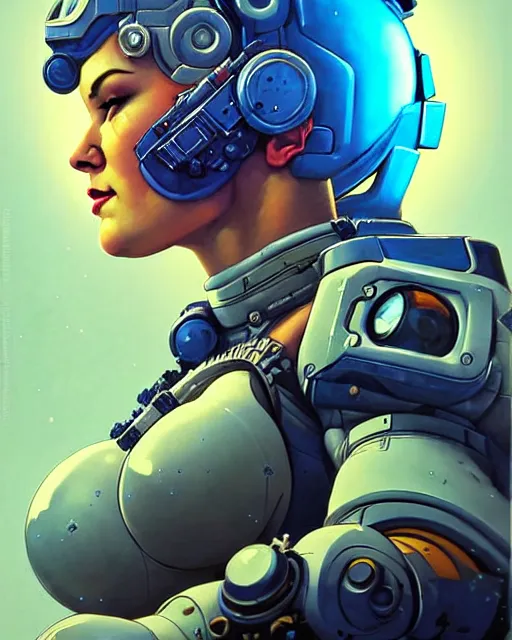 Image similar to zarya from overwatch, character portrait, portrait, close up, concept art, intricate details, highly detailed, vintage sci - fi poster, retro future, in the style of chris foss, rodger dean, moebius, michael whelan, and gustave dore