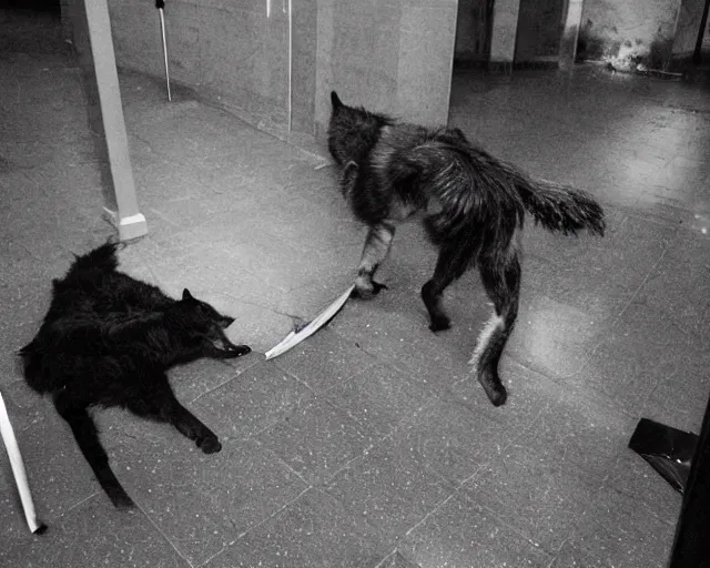 Prompt: Close up camera footage of a extremely aggressive Feral Black Dire Wolf with severe late stage rabies in an abandoned shopping mall, Wolf Snarling Directly toward camera, It Follows :7 , high exposure, dark, monochrome, camera, grainy, CCTV, security camera footage, timestamp, zoomed in, Creepy, Feral, fish-eye lens, Rabid, Dire Wolf, Nightmare Fuel, Wolf, Evil, Stalking, Bite, Motion Blur, horrifying, lunging at camera :4 Blood on floors, windows and walls :5