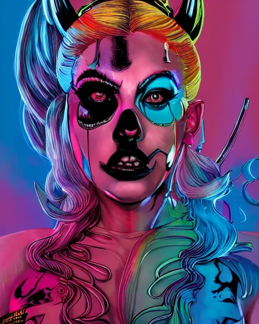 Prompt: lady gaga as harley quinn, grotesque, horror, high details, bright colors, striking, intricate details, by vincent di fate, artgerm julie bell beeple, 1 9 8 0 s, inking, vintage 8 0 s print, screen print