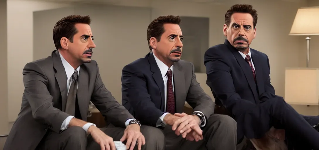 Image similar to a very high resolution image of tony stark with micheal scott. from an episode of the office. photorealistic, photography