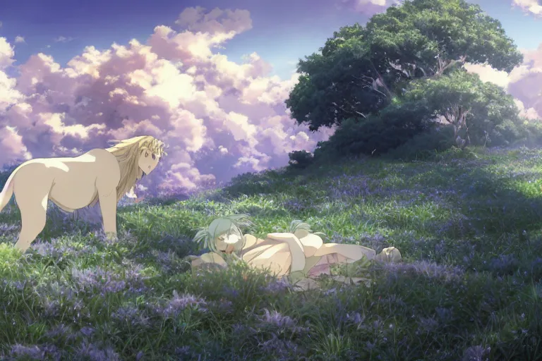 Image similar to a vast scene, panorama distant view, anime art full body portrait character concept art, hyper detailed scene render of a boy and white lion, anime key visual of violet evergarden, finely detailed perfect face delicate features directed gaze, in the white clouds fairyland, trending on pixiv fanbox, violet evergarden, studio ghibli, james jean, extremely high quality artwork