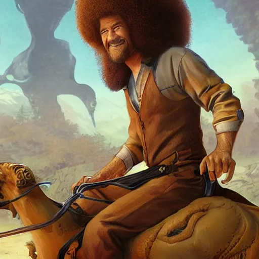 Image similar to bob ross!!! riding!!! a dinosaur!!, giant afro!, model pose, ultra realistic, concept art, intricate details, highly detailed, photorealistic, octane render, 8 k, unreal engine. art by artgerm and greg rutkowski and alphonse mucha