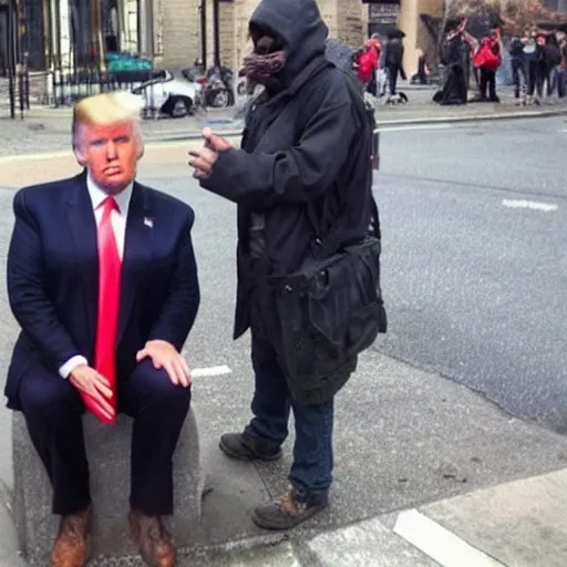 Image similar to donald trump dressed as a homeless man asking for money on the streets