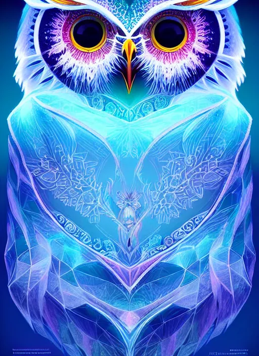 Image similar to symmetry!! product render poster vivid colors divine proportion owl, ice and snow, glowing fog intricate, elegant, highly detailed, digital painting, artstation, concept art, smooth, sharp focus, illustration,