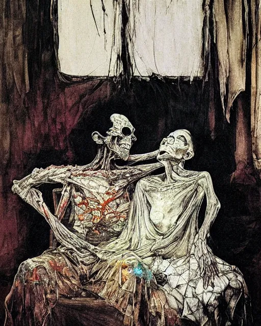 Prompt: an old dead couple sitting on a couch in a messy living room in an old apartment watching the televison on fire,  Francisco Goya and Francis Bacon painting, part by Beksiński and EdvardMunch. art by Harry Clarke and Peter Mohrbacher, Francis Bacon masterpiece