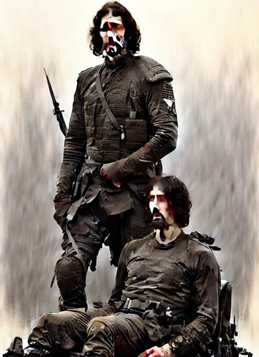 Image similar to portrait of adam driver helping a wounded john oliver, standing together, stoic, full body, military uniform, battle, war, fantasy, intricate, elegant, beautiful, highly detailed, charcoal, centered, dark, smokey, digital painting, artstation, art by artgerm, art by greg rutkowski, art by alphonse mucha