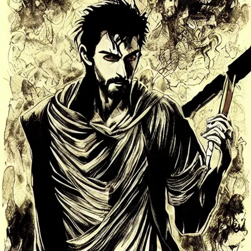 Prompt: pen and ink!!!! attractive 22 year old deus ex Frank Zappa x Ryan Gosling golden!!!! Vagabond!!!! floating magic swordsman!!!! glides through a beautiful battlefield magic the gathering dramatic esoteric!!!!!! pen and ink!!!!! illustrated in high detail!!!!!!!! by Hiroya Oku!!!!!!!!! Written by Wes Anderson graphic novel published on Cartoon Network MTG!!! 2049 award winning!!!! full body portrait!!!!! action exposition manga panel