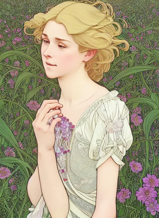 Image similar to pretty young man with shoulder length blond hair, half body shot, emotional, decorative flower patterned background, path traced, highly detailed, high quality, digital painting, by studio ghibli and alphonse mucha, leesha hannigan, hidari, disney, jules bastien - lepage, art nouveau, martine johanna, android jones