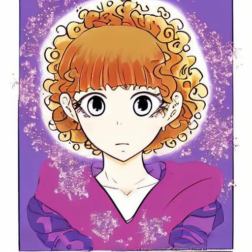 Image similar to a shoujo manga cover with a girl with big sparkly eyes and brown curly hair, in the style of naoko takeuchi ( 1 9 8 0 s )