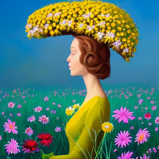 Image similar to a surrealist painting of a woman standing in a field of flowers with daisies for a head by rhads, shutterstock contest winner, pop surrealism. made of flowers