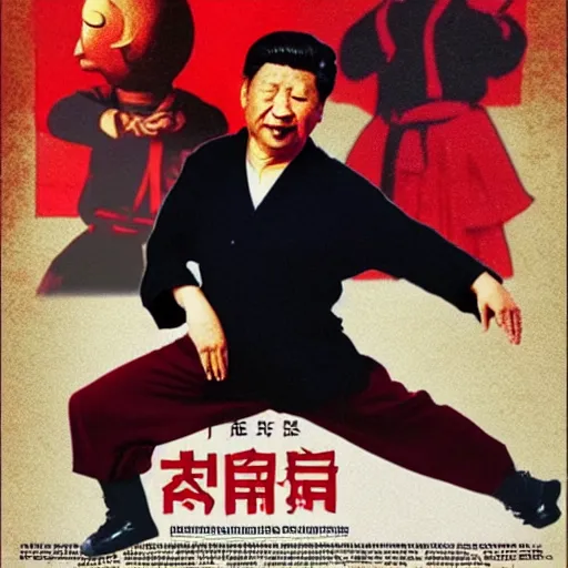 Image similar to xi jinping starring as a kung fu action movie main character on a poster advertisement, 1980s style