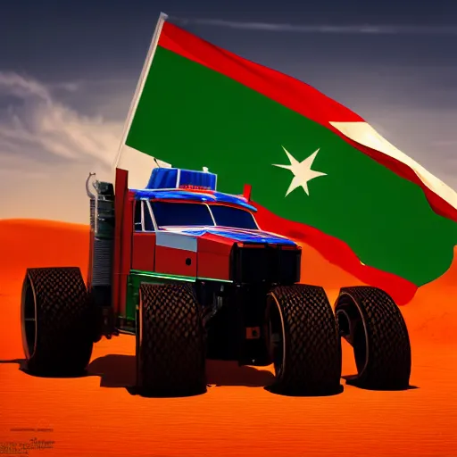 Image similar to medium portrait of optimus prime transformer emblazoned with the nigerian flag standing in the middle of a deserted highway in the sahara desert, super hero pose, dramatic sky, concept art, trending on art station, aaa video game art, hyper realism, octane render