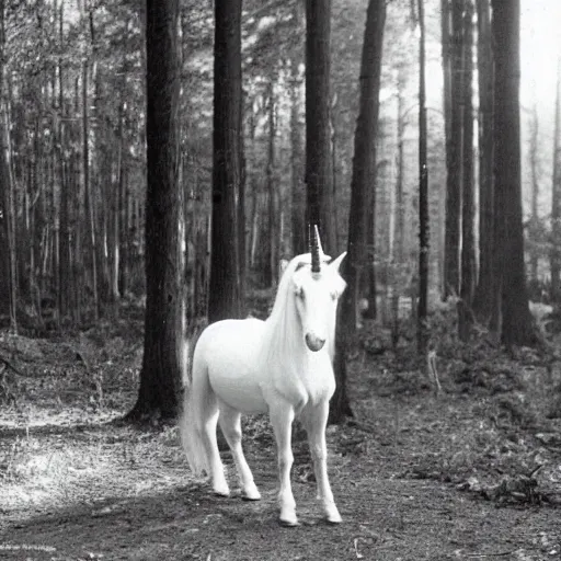 Image similar to unicorn caught on camera in the 1 9 5 0 s, black and white, in a forest