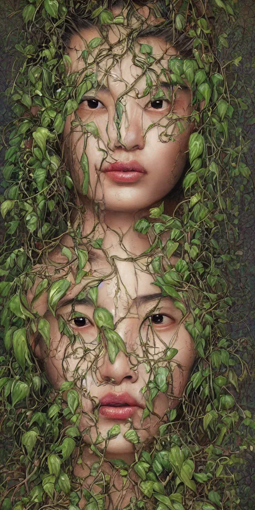 Image similar to very beautiful highly detailed and expressive oil painting of an asian woman's face dissolving into vines and plants by james jean, by kim jung gi, masterpiece, dynamic lighting, intricate linework, 8 k, flowers