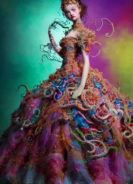 Image similar to A full body shot of a cute and mischievous young monster princess wearing an ornate gown. Covered in barnacles and tentacles. Dynamic Pose. Quinceanera dress. Rainbow palette. rainbowcore. Eldritch Beauty. defined facial features, symmetrical facial features. Opalescent surface. beautiful lighting. By Ruan Jia and Artgerm and Range Murata and WLOP and Ross Tran and William-Adolphe Bouguereau. Key Art. realistic, Hyperdetailed. Fantasy Illustration. Masterpiece. artstation, award winning, sharp, details, HD, HDR, 4K, 8K.