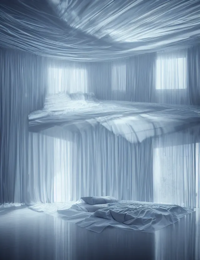 Prompt: dreamlike photo of floating bed above floor in a giant room with bright windows opening to other dimensions by andrzej sykut by lee madgewick, photorealistic, octane render, recursive, high contrast, flowing, cascading, multiverse!!!!!!, labyrinthine, optical illusion, impossible angles