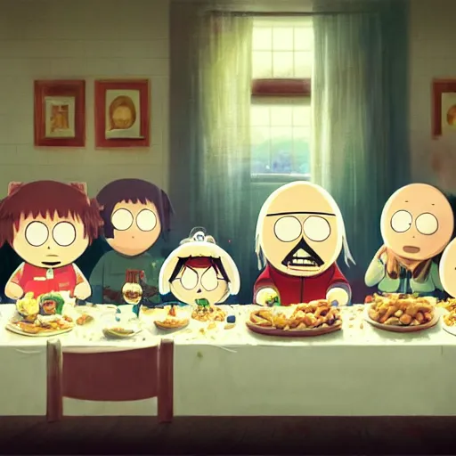 Image similar to milk - chan and ike from south park and stewie from family guy and bobby from bobby's world all sitting at the dinner table. in the style of the last supper by ruan jia fenghua zhong, ryohei hase, ismail inceoglu